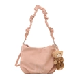 Bolso tote rosa informal con correa fruncida y un lindo colgante de osito - Rosa Con Colgante