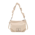 Bolso bandolera beige elegante con correa plisada y estampado de oso - Blanco Sin Colgante