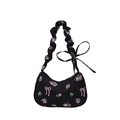 Schwarze Nylon-Unterarmtasche mit rosa Rosen und Schleifen und gerafftem Gurt - Schwarz