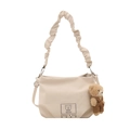 Bolso bandolera beige elegante con correa rizada y un lindo colgante de oso - Blanco Con Colgante