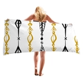 Avocado geometric square thick beach towel with tribal patterns shown by female model - Tribal Style Geometric Diamond (11)