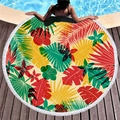 Round beach towel with tropical red flowers, palm leaves, and white tassel edges - Vintage Rainforest Floral (11)