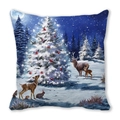 Christmas cushion cover featuring painted Santa deer and snow scene on peach skin fabric - Reindeer and Fawn by Christmas Tree (26)