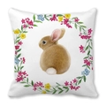 Christmas cushion cover featuring a watercolor brown rabbit and colorful floral wreath - 18x18 Inch / Wreath Bunny Back View Style (39)