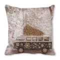 Linen Christmas pillow case with vintage peace bus and snowy forest print - Style 30 (VW T1 Style/Peace & Love)