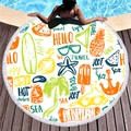 Round microfiber beach towel with fringe and colorful summer prints on wooden poolside deck - Summer Vacation Icons (12)