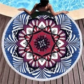 Deep blue mandala round beach towel with white fringe tassels on a sunny wooden deck - Dark Blue-Wine Red Mandala (11)