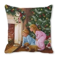 Funda de cojín navideña de piel de melocotón con ilustración de niños y perro junto al árbol - 45x45cm / Estilo Chimenea y Árbol de Navidad (8)