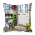 Detail of soft peach skin cushion cover with cat and floral watercolor illustration - Orange Cat on Doorstep (17)