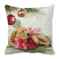 Detail of Christmas throw pillowcase with golden retriever puppy and holiday decor - Christmas Golden Retriever Puppy (8)