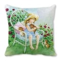 Girl and cat watercolor illustration cushion cover in high density peach skin fabric - Girl with Cat on Wicker Chair (26)