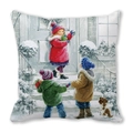 Detail of soft peach skin cushion cover with festive winter watercolor illustration - Winter Kids and Puppy (38)