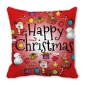 Roter Weihnachts-Kissenbezug mit Happy Christmas Schriftzug und bunten Festmotiven - Roter Weihnachtsmann Rentier Cartoon Stil (2)