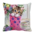 Detail of a square pillowcase featuring a cute brown tabby cat illustration in a floral boot - Tabby Cat in Boot (31)