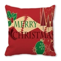 Detail view of Merry Christmas print on red soft peach skin fabric cushion cover - 18x18 Inch / Red Christmas Leaf Decor Wishes Style (4)