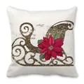Detail of Christmas pillowcase with golden sleigh and red poinsettia on white wood texture - Gold Sleigh Floral (14) / 18x18 Inch