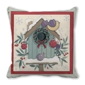 Close-up of Christmas birdhouse and yellow bird print on a square pillow case - Green Background Birdhouse (28)