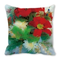 Detail view of peach skin fabric pillowcase featuring red poinsettia and pine needles - Red Green Christmas Plant Style (37)