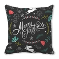 Close-up of black Christmas pillow cover with white Merry Christmas text and rabbit - Black Bottom Illustration (25) / 18x18 Inch