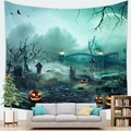 Detail of Halloween tapestry with jack-o-lantern and graveyard scene in a living room - 100x70cm Peach Skin Velvet / Jack-o-lantern Cemetery Style (11)