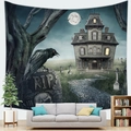 Halloween tapestry detail showing a spooky haunted house with RIP tombstone and black crows - 100x70cm Peach Skin Velvet / Dark Night Haunted House and Crow Style (10)
