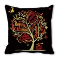 Detail view of Halloween pillowcase with gold tree pattern and festive word cloud - Black Gold Halloween Tree (29) / 18x18 Inch