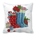 Housse de coussin Noël avec bottes festives remplies de poinsettias et cadeaux - Style Bottes de Pluie Boîte Cadeau Aquarelle