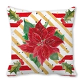 Close-up of floral pillowcase with poinsettia, holly leaves and festive stripes - Red Gold Stripe Christmas Flower Style (32)