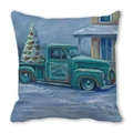 Christmas pillowcase featuring a vintage teal truck carrying a snowy tree in oil painting style - Style 36 (Cyan Pickup/Bourque Tree Farms)
