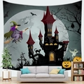 Detailed close-up of Halloween tapestry with gothic castle, witches and glowing pumpkins - 150x100 (Peach Skin) / Castle and Witch Style (4)