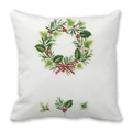 Christmas wreath cushion cover with holly and red ribbon on white peach skin fabric - Watercolor Wreath (15)