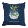 Navy blue Christmas pillow case with snowman snow globe and Season's Greetings print - Season's Greetings Snowy Cabin (12)