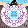 Purple and blue mandala round beach towel with white tassels on a wooden poolside deck - Purple-Blue Gradient Mandala (13)