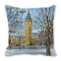 Detail view of London winter street scene watercolor print on square cushion cover - Watercolor London Big Ben Snow Style (16)