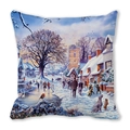 Winter snow village christmas pillow cover with church and ice skating scenery print - European Village Snow Scene at Sunset (37)