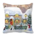 Funda de cojín navideña con estampado de acuarela de cabaña nevada y un muñeco de nieve - 45x45cm / Estilo Escena de Nieve en Cabaña de Campo (11)