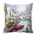 Detailed macro view of a Christmas pillow case with a red vintage car and snowy town print - Red Vintage Car with Christmas Tree Style (27)