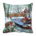 Close-up of peach skin fabric cushion cover with printed winter robin and cottage scene - Robin and Winter Riverbank Style (25)