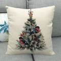 Housse de coussin en lin avec sapin de Noël, oiseaux et pommes de pin sur fond beige clair - Style Sapin De Noël Vintage Et Bouvreuil(3)