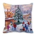Detailed texture of peach skin fabric featuring a snowy Christmas village scene on cushion cover - Christmas Snow Night Play in European Village (39)