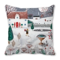Detail of Christmas pillowcase with winter scene print featuring red roof houses and snow - Country Winter Scene Goose Walking Style (31)