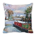 Detail of winter landscape oil painting on square peach skin fabric pillowcase - Snowy Mountain and Red Narrowboat Style (24)