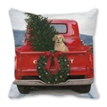 Christmas pillow cover with vintage red truck and golden retriever design on linen fabric - Style 39 (Red Truck/Golden/Bow)