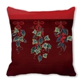 Vista detallada de una funda de cojín navideña roja con hojas de acebo y bayas - Adornos Botánicos de Navidad Granate (31)