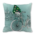 Detail of Christmas pillowcase featuring hand-drawn bicycle and tree on green background - Style 5 (Pale Green/Bicycle/Xmas Tree)