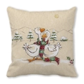 Detail of soft peach skin cushion cover featuring two geese in scarves illustration - Winter Geese Sharing Scarf Style (18)