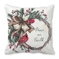 Macro detail of Peace on Earth print on watercolor bird and wreath throw pillow case - Peace on Earth Cardinal Bird Style (39)