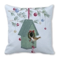 Detail of Christmas birdhouse and winter wreath print on a peach skin pillow cover - Wooden Birdhouse and Bird Style (35)