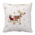 Detail of a square Christmas pillowcase with watercolor reindeer and red sleigh prints - Red-Nosed Reindeer and Sleigh Style (34)