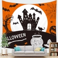 Halloween peach skin tapestry featuring orange spooky castle and black bat patterns - 150x100 (Peach Skin) / Orange Black Castle and Bat Style (6)